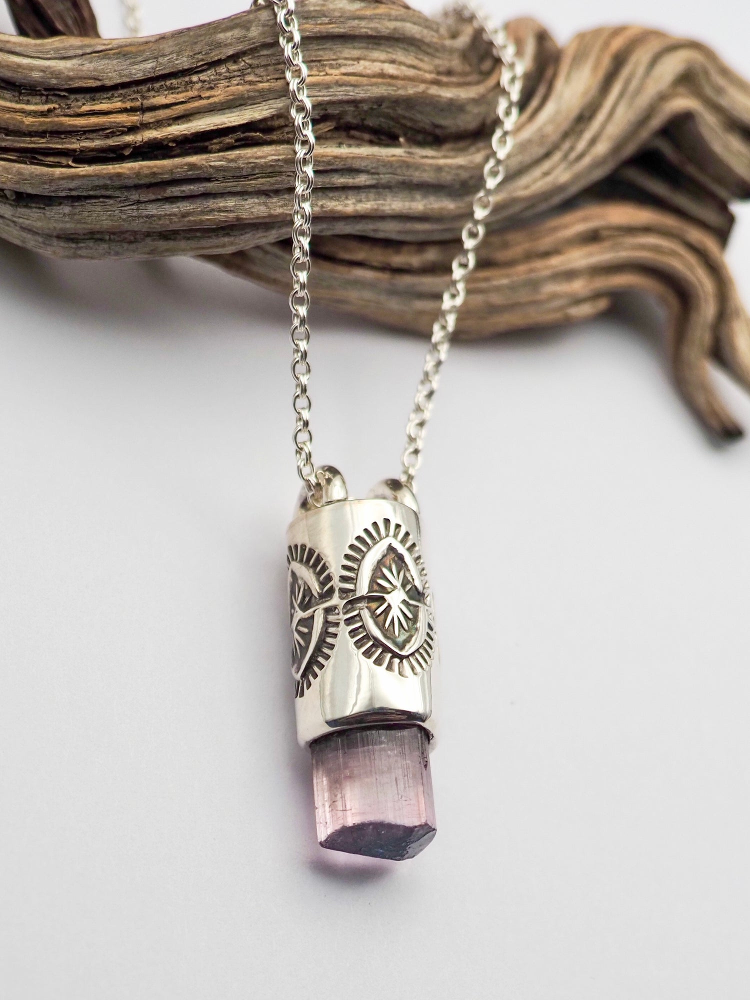 Blue Tipped Pink Tourmaline Yucca Talisman Necklace