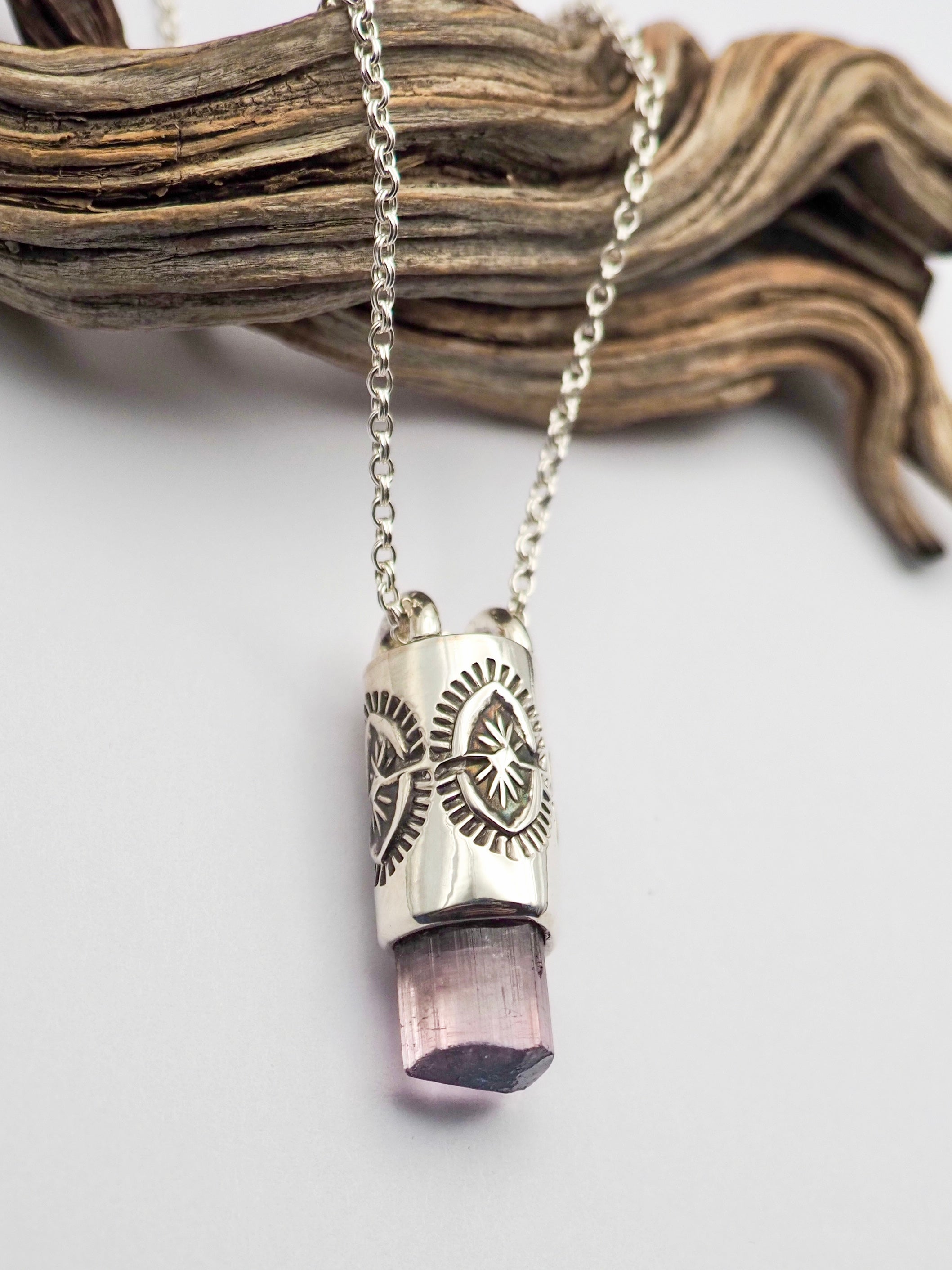 Blue Tipped Pink Tourmaline Yucca Talisman Necklace