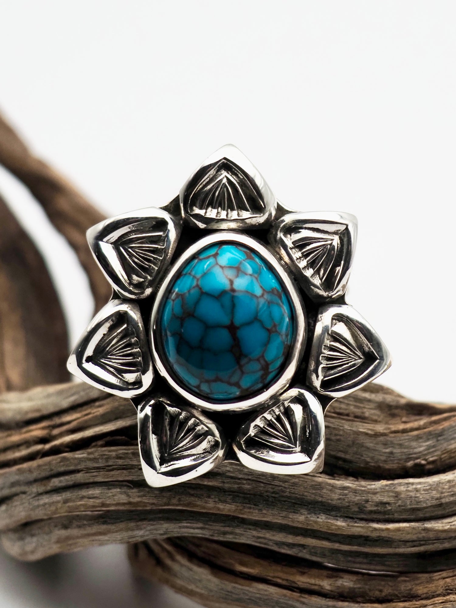 Egyptian Turquoise Cholla Hand Stamped Border Ring size 6.5