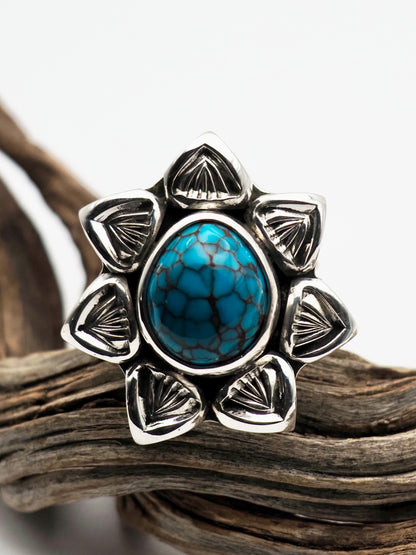 Egyptian Turquoise Cholla Hand Stamped Border Ring size 6.5