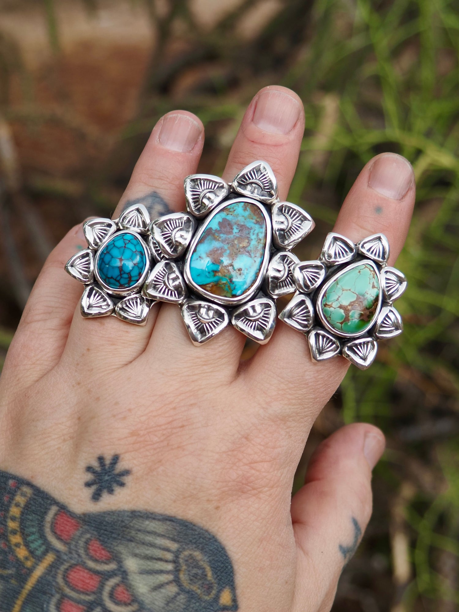 Royston Turquoise Cholla Hand Stamped Border Ring size 7.5
