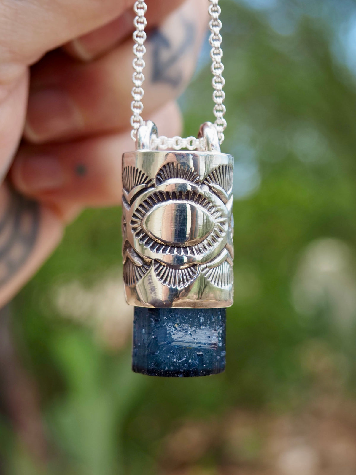 Blue Tourmaline Penetrator Eye/Fan Talisman Necklace