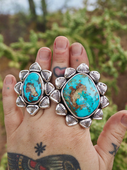Easter Blue Turquoise Cholla Hand Stamped Border Ring size 9
