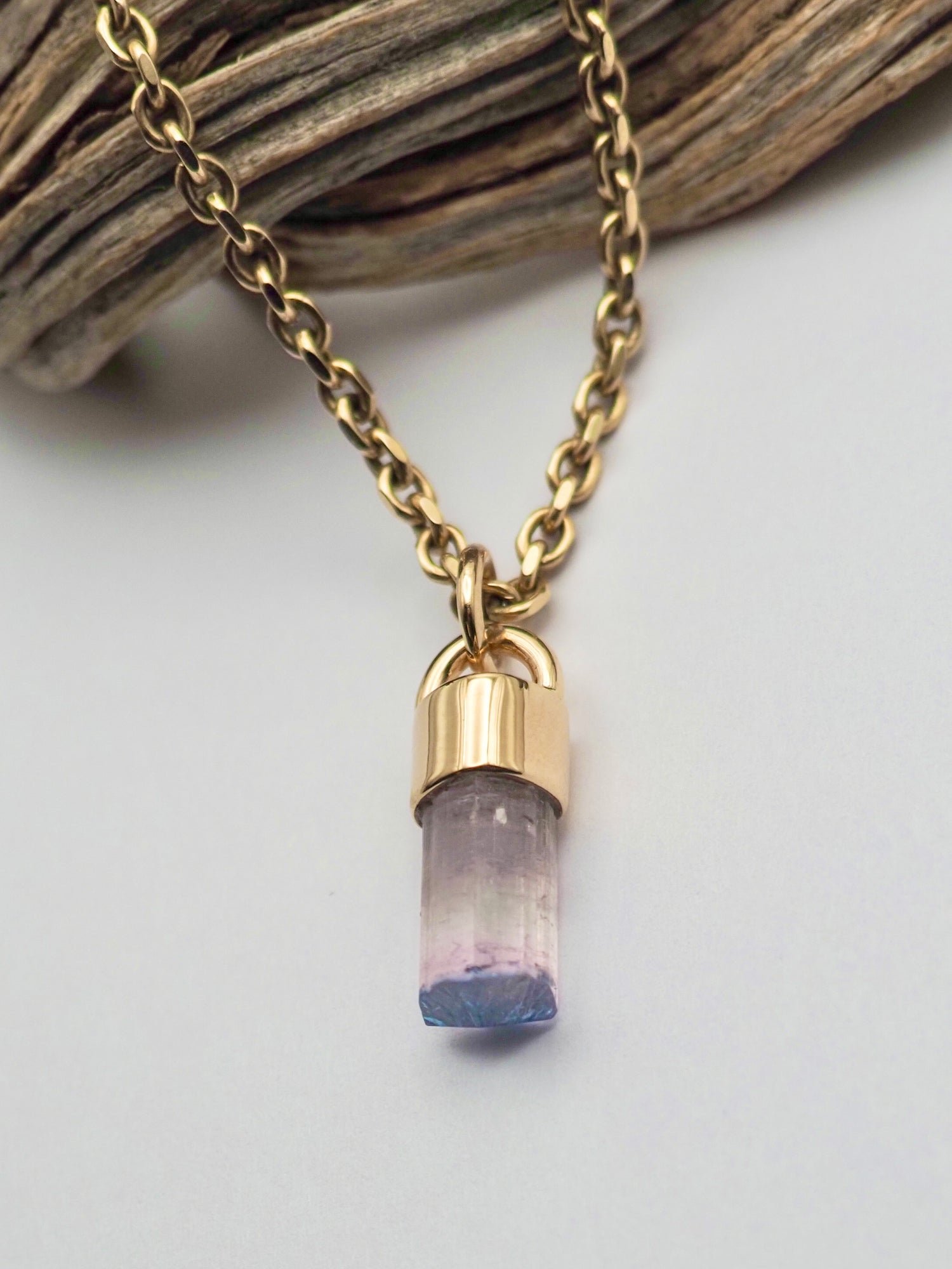 Blue Tipped Pink Tourmaline 14k Gold Talisman Pendant B