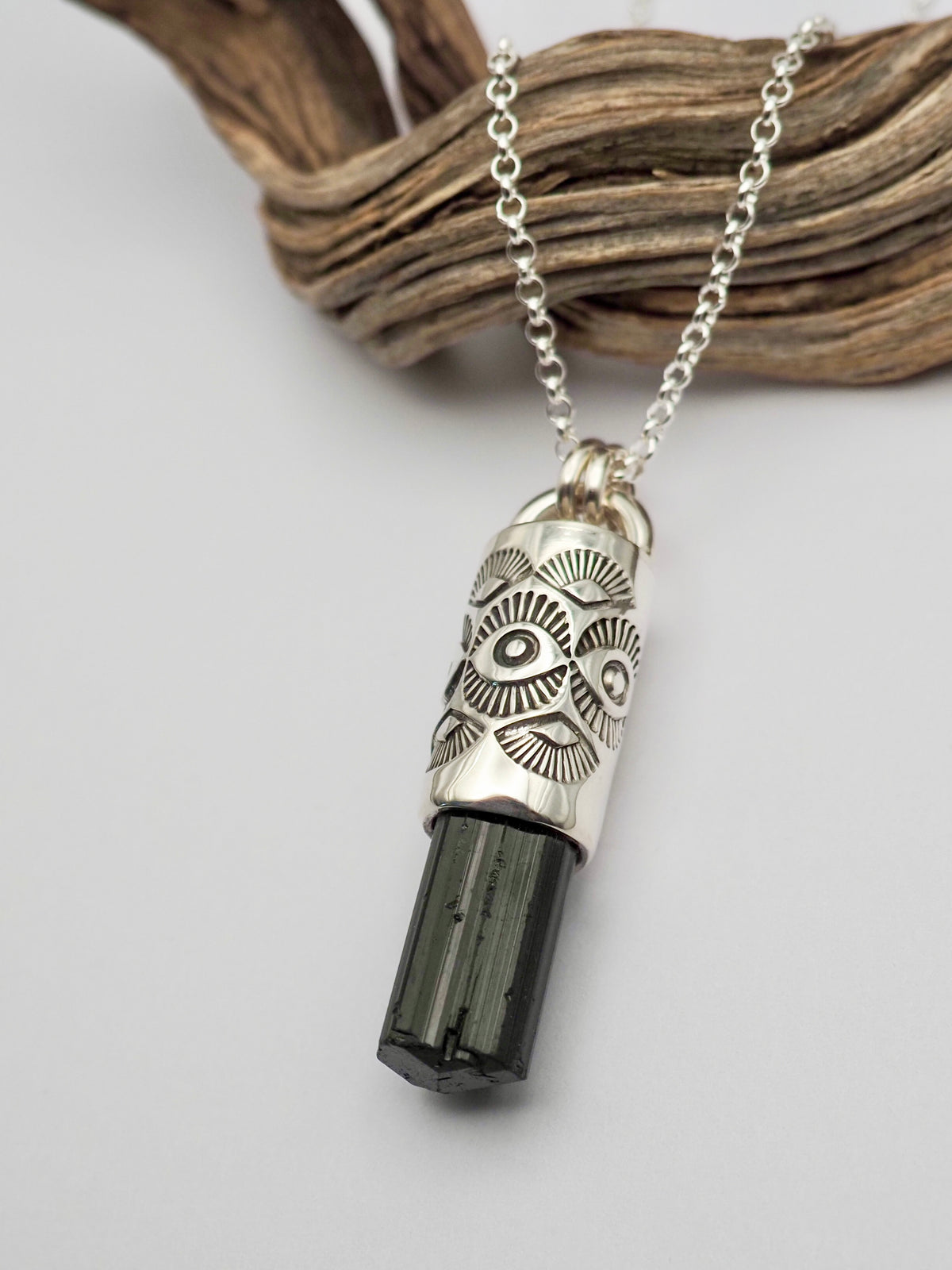 Black Tourmaline Eye/Fan Talisman Necklace