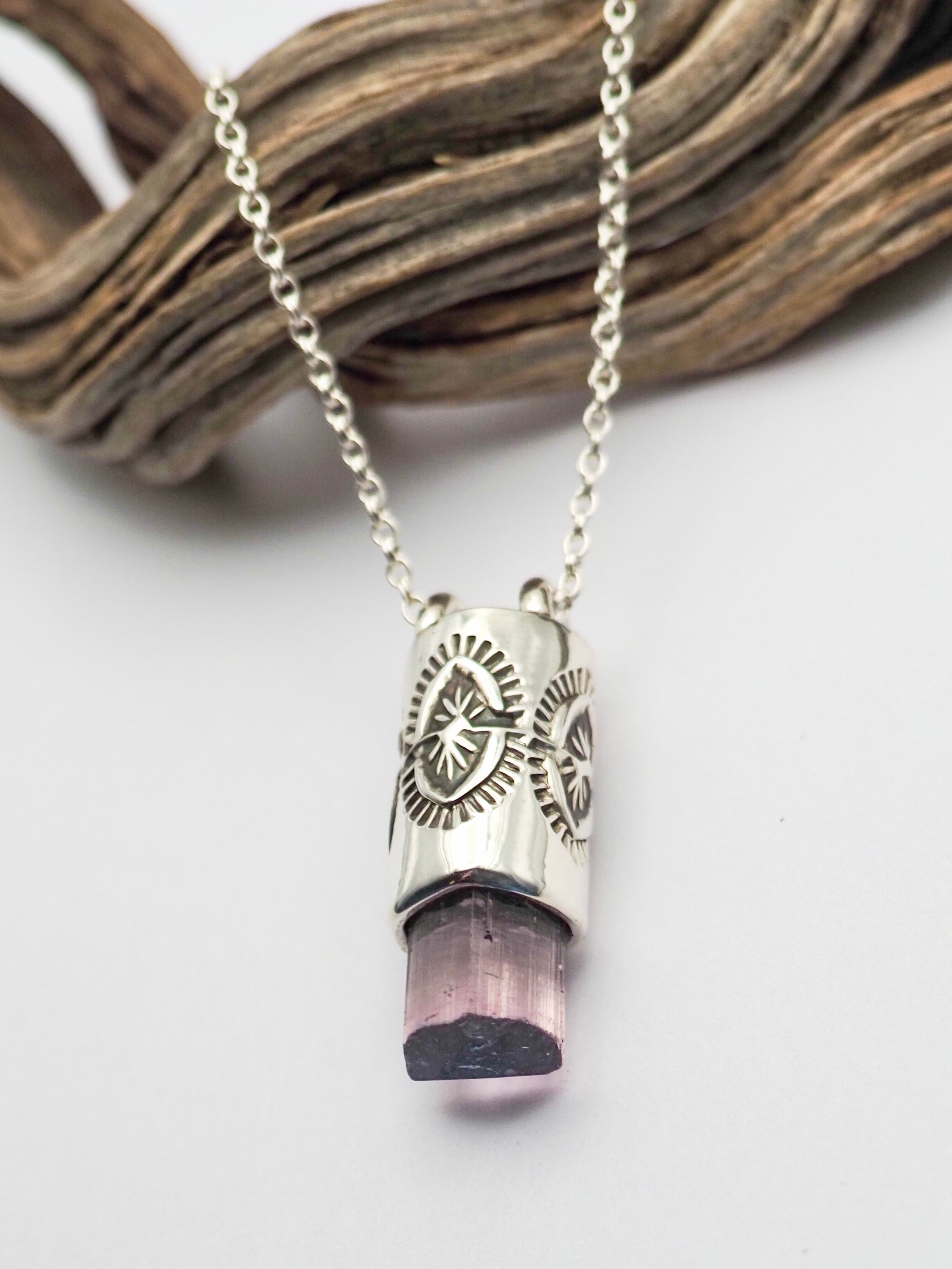 Blue Tipped Pink Tourmaline Yucca Talisman Necklace