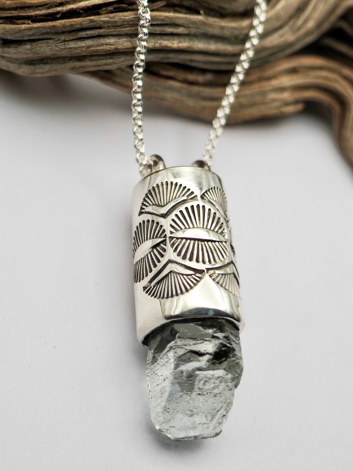 Etched Aquamarine Eye/Fan Talisman Necklace