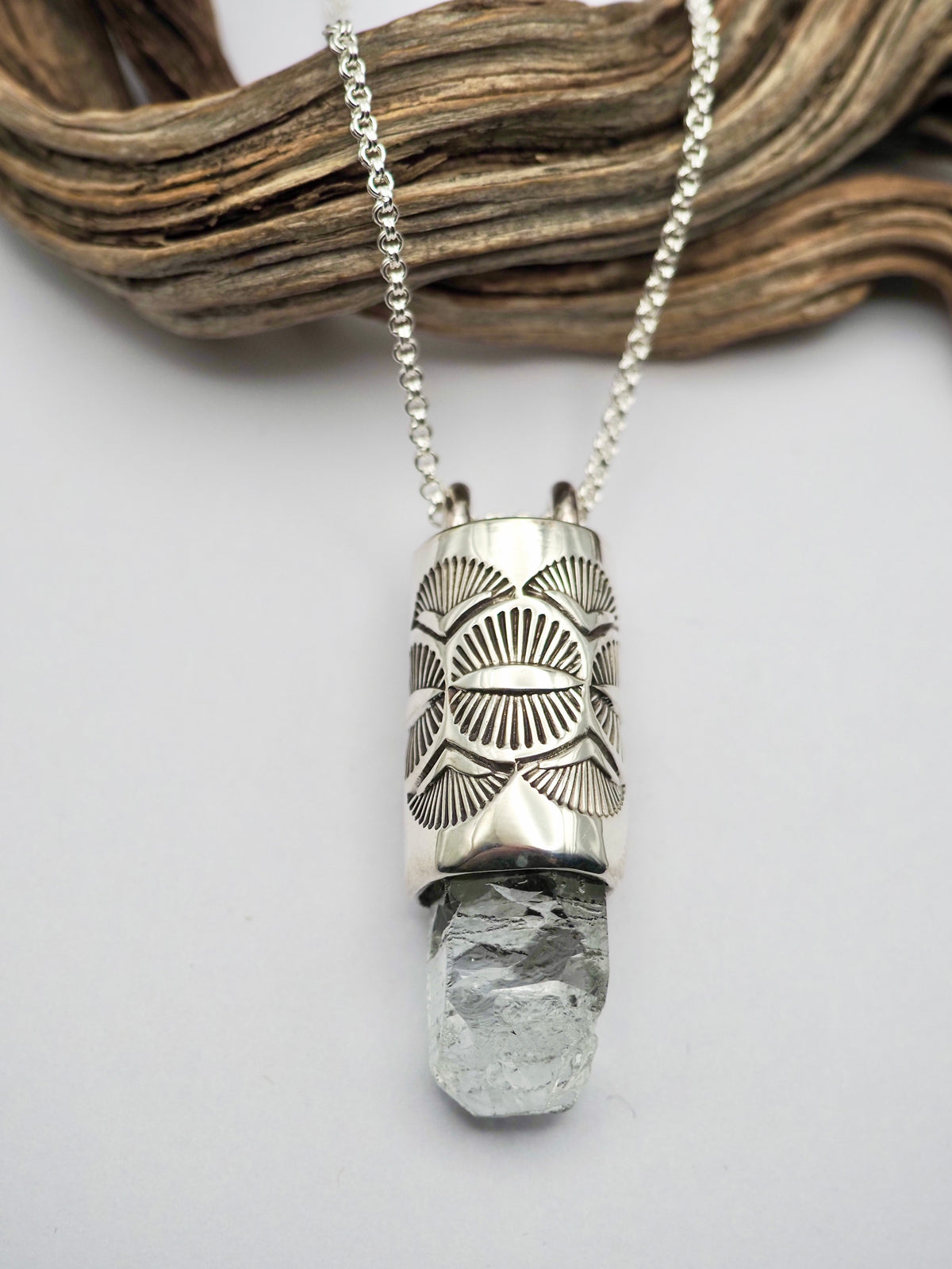Etched Aquamarine Eye/Fan Talisman Necklace