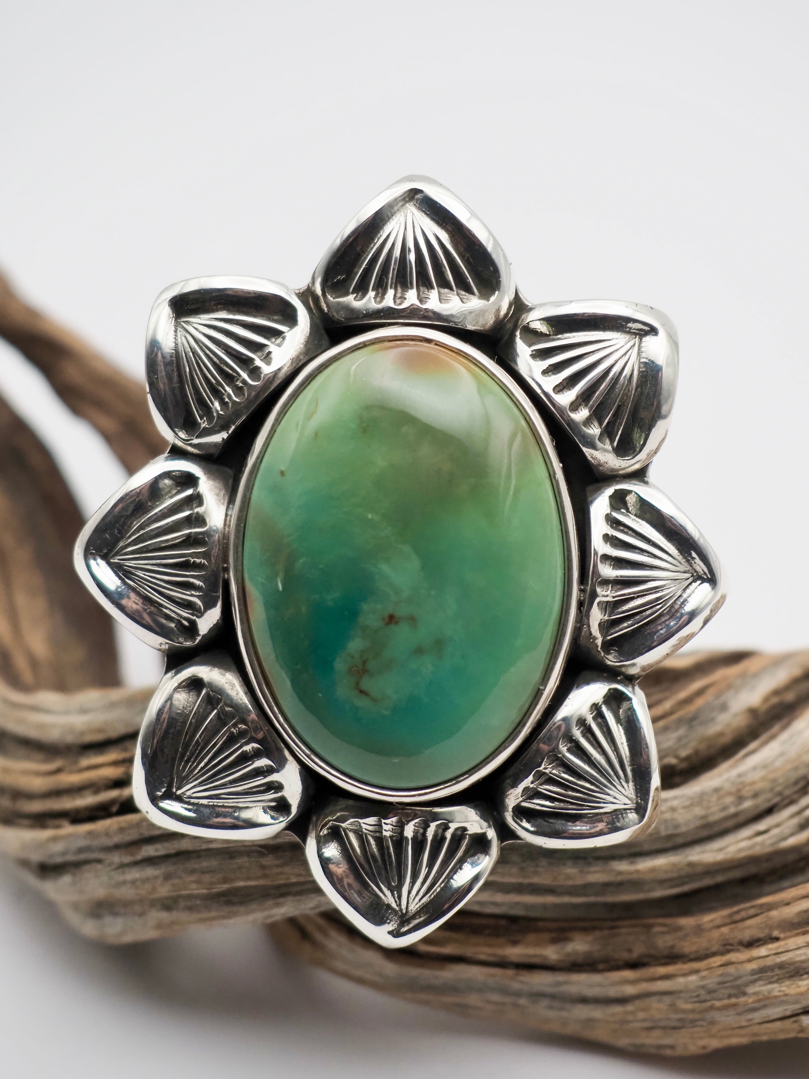 Ajax Turquoise Cholla Hand Stamped Border Ring size 6