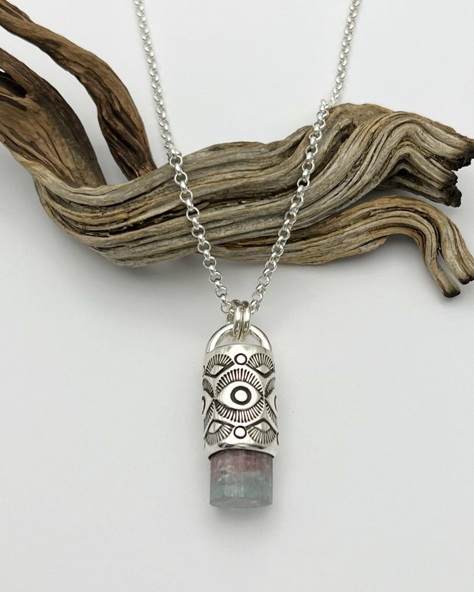 Pink/Blue Bi Color Tourmaline Fan/Eye Talisman Necklace