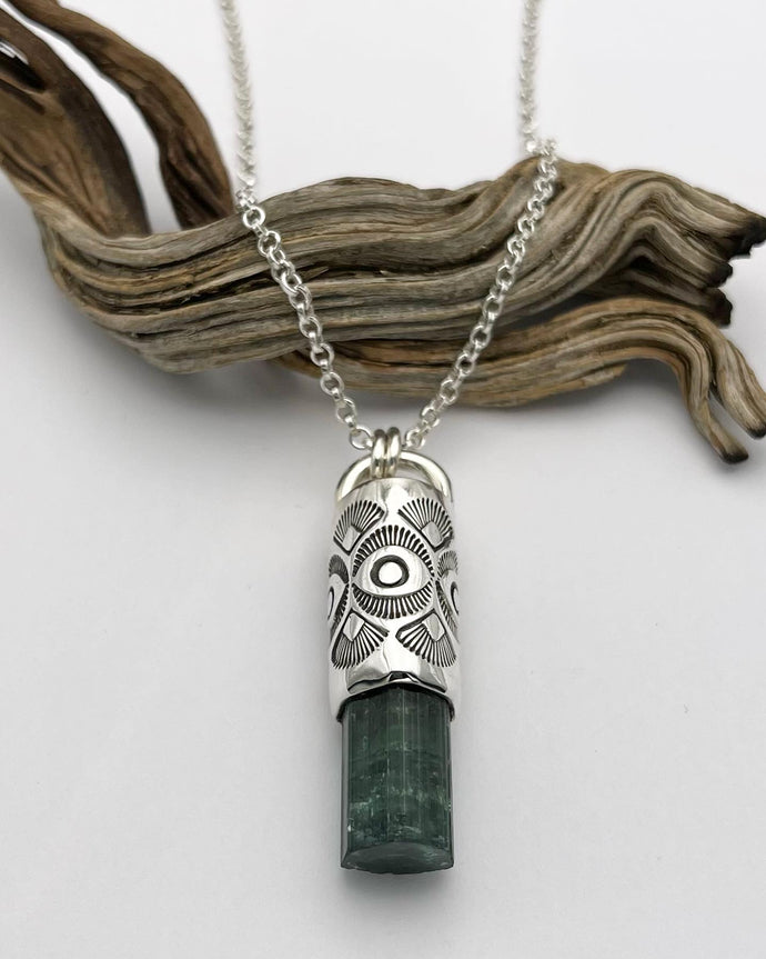 Blue/Pink Tourmaline Big Eye/Fan Talisman Necklace