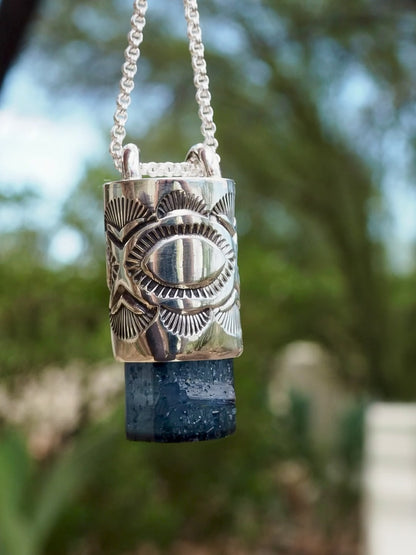 Blue Tourmaline Penetrator Eye/Fan Talisman Necklace
