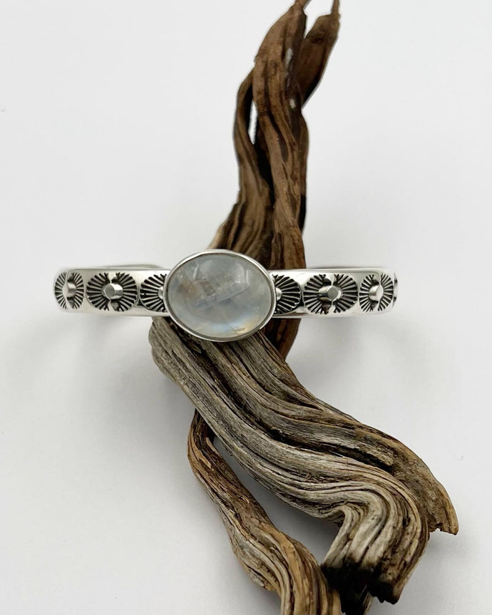 Rainbow Moonstone Ocotillo Heavyweight Hand Stamped Stacker Cuff S/M