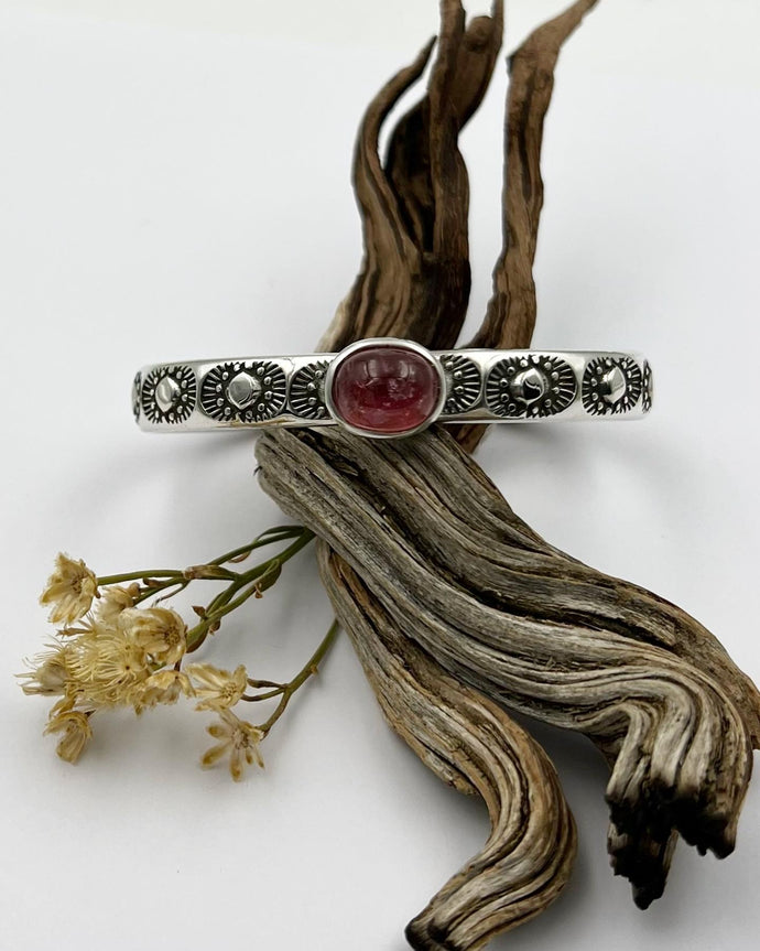 Hot Pink Tourmaline Sun Heavyweight Hand Stamped Stacker Cuff S/M