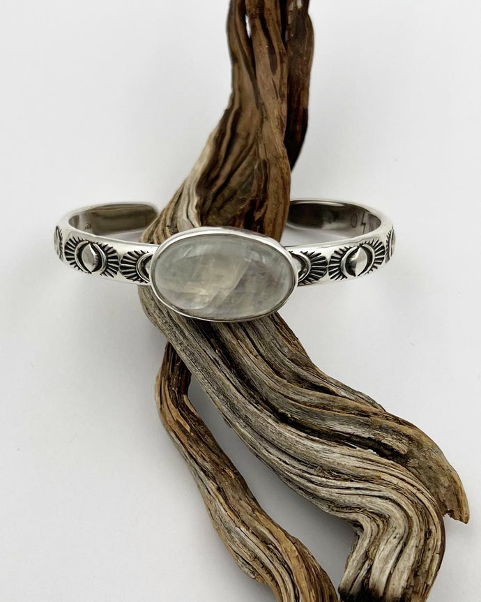 Rainbow Moonstone Eye Hand Stamped Stacker Cuff XS