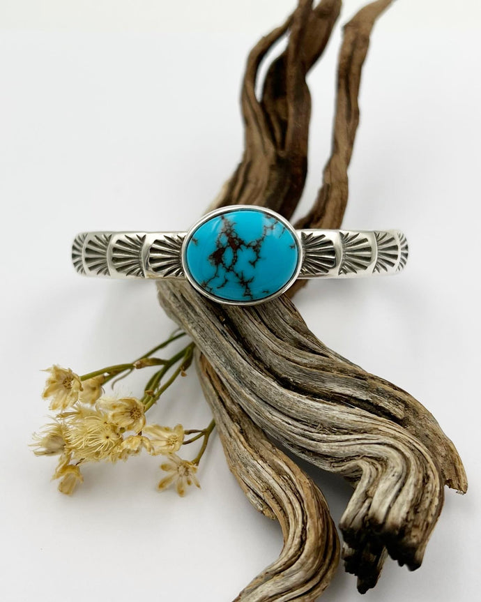 Egyptian Turquoise Fan Heavyweight Hand Stamped Stacker Cuff S/M