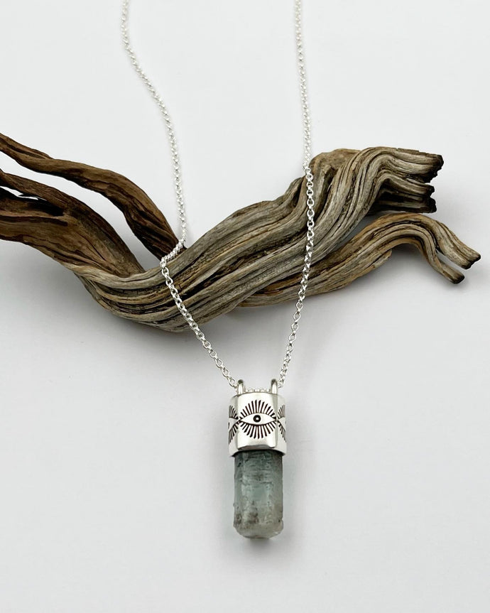 Etched Aquamarine Eye Talisman Necklace