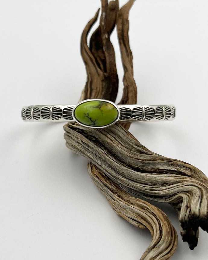 Lime Green Hubei Turquoise Mystic Eye Hand Stamped Stacker Cuff M/L