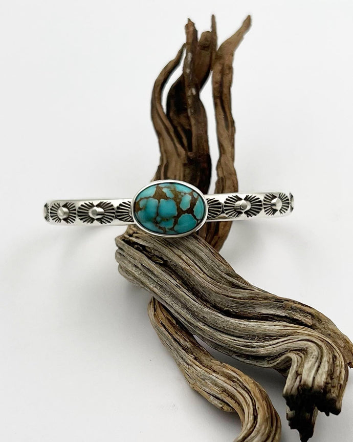 Lone Mountain Turquoise Ocotillo Hand Stamped Stacker Cuff XL